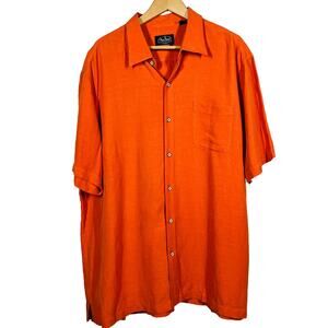 Nat Nast Tropical Orange Silk Embroidered Short Slv Shirt Top Casual Button - XL